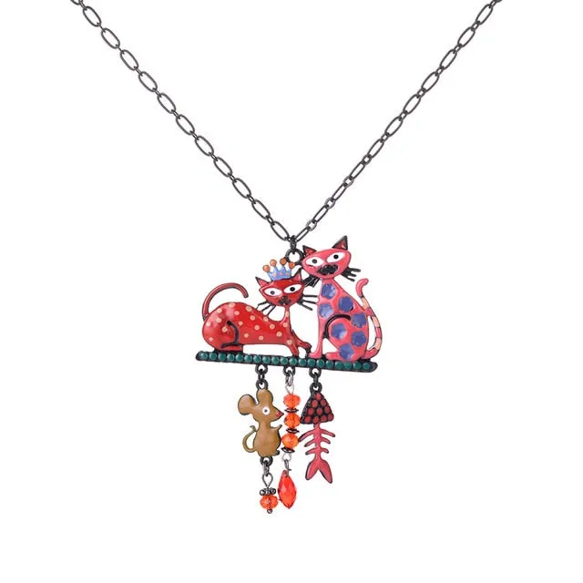 Fashion Woman Pendants Cute Cat Fish Bone Statement Necklace Enamel Charm Link Chain Necklaces Jewelry for Party Black Friday