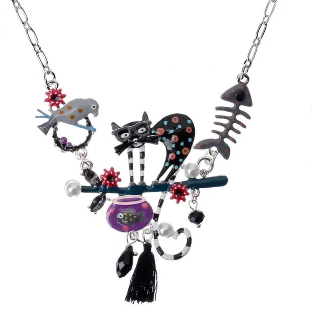 Fashion Woman Pendants Cute Cat Fish Bone Statement Necklace Enamel Charm Link Chain Necklaces Jewelry for Party Black Friday