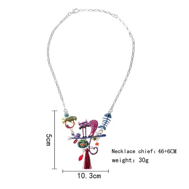 Fashion Woman Pendants Cute Cat Fish Bone Statement Necklace Enamel Charm Link Chain Necklaces Jewelry for Party Black Friday