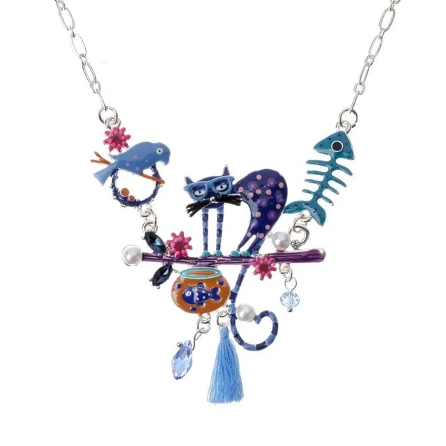 Fashion Woman Pendants Cute Cat Fish Bone Statement Necklace Enamel Charm Link Chain Necklaces Jewelry for Party Black Friday