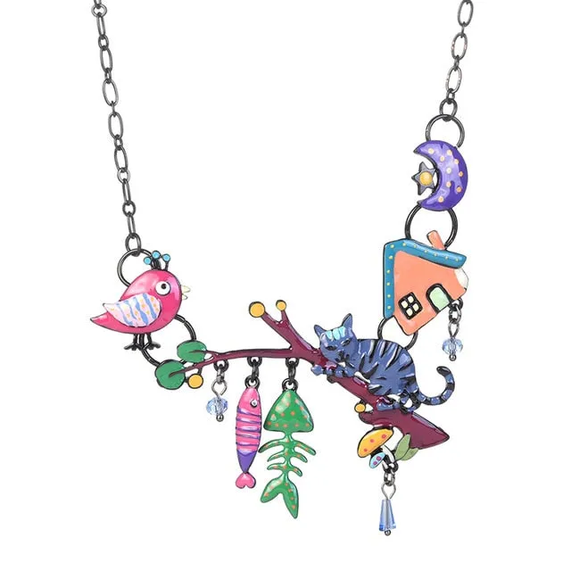 Fashion Woman Pendants Cute Cat Fish Bone Statement Necklace Enamel Charm Link Chain Necklaces Jewelry for Party Black Friday