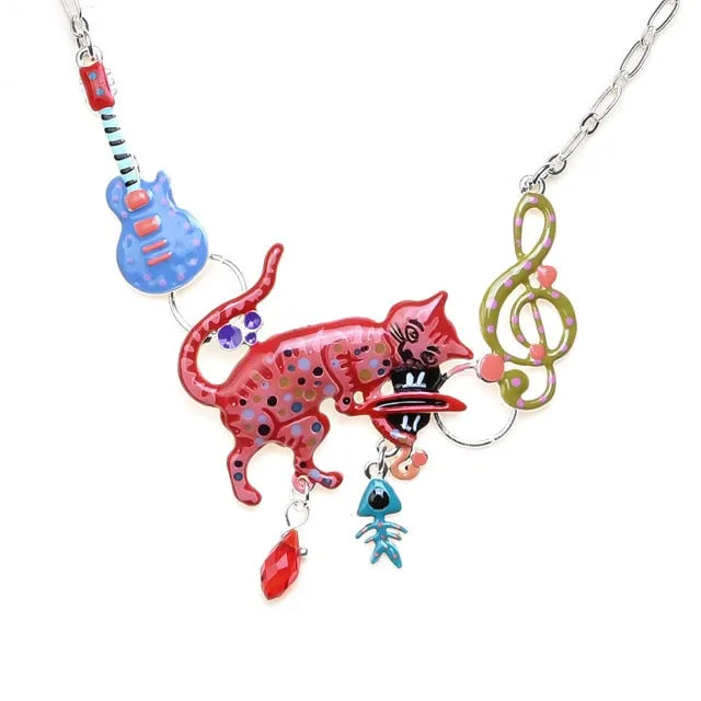 Fashion Woman Pendants Cute Cat Fish Bone Statement Necklace Enamel Charm Link Chain Necklaces Jewelry for Party Black Friday