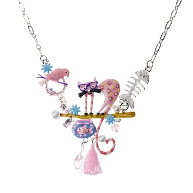 Fashion Woman Pendants Cute Cat Fish Bone Statement Necklace Enamel Charm Link Chain Necklaces Jewelry for Party Black Friday