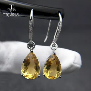 Genuine Brazil Citrine Gemstone Dangle in Pure 925 Sterling Silver Water Drop 5ct Earrings