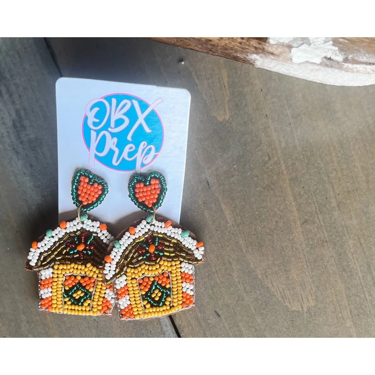 Gingerbread House seed beaded Christmas dangle earrings S