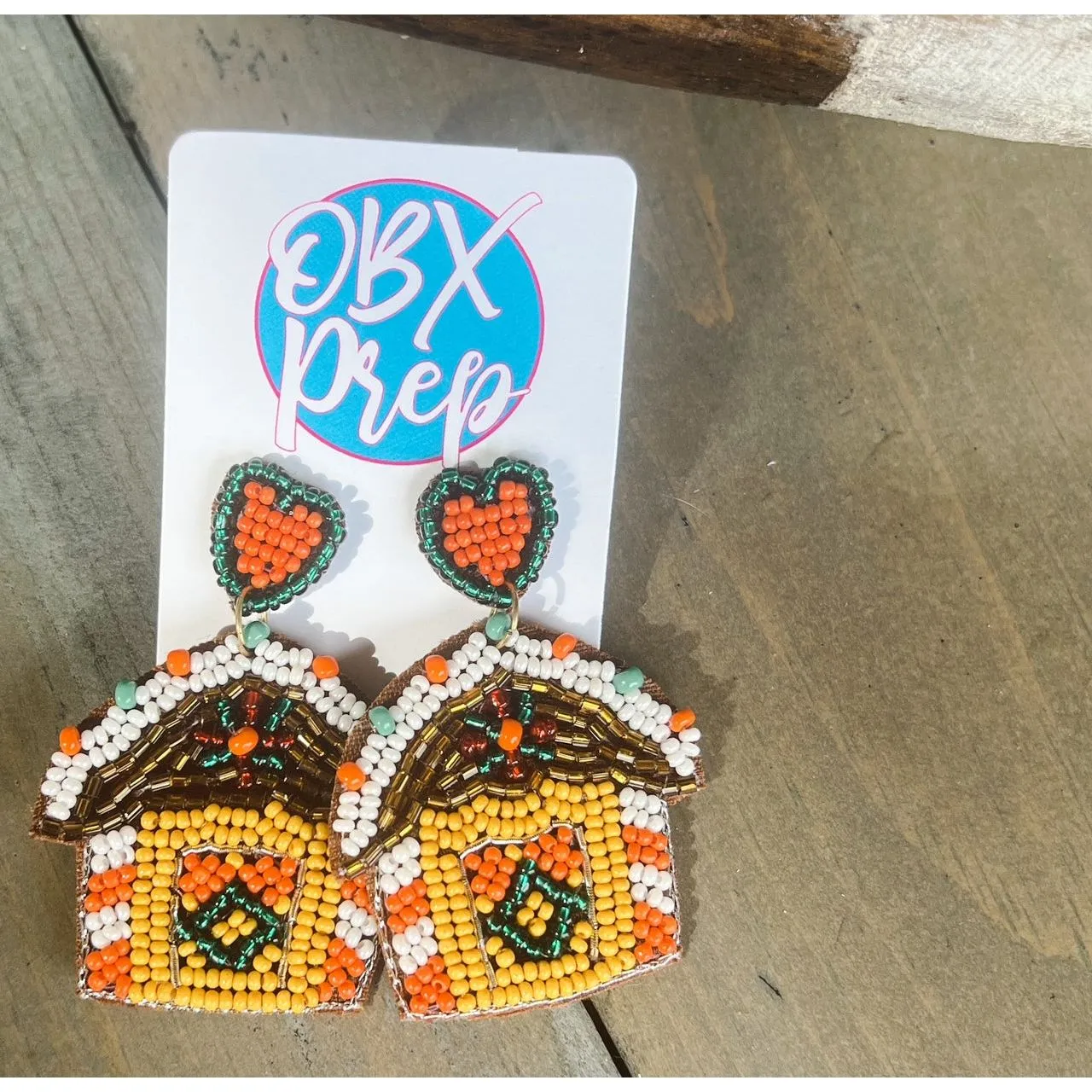 Gingerbread House seed beaded Christmas dangle earrings S