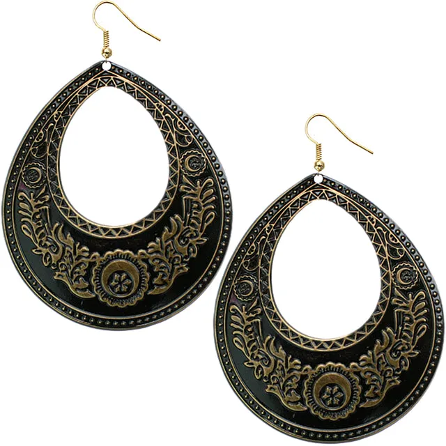 Gold Black Large Open Teardrop Earrings