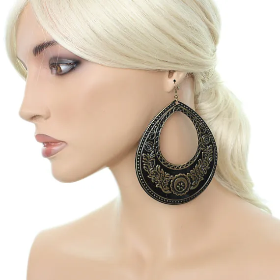 Gold Black Large Open Teardrop Earrings