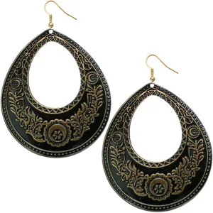 Gold Black Large Open Teardrop Earrings