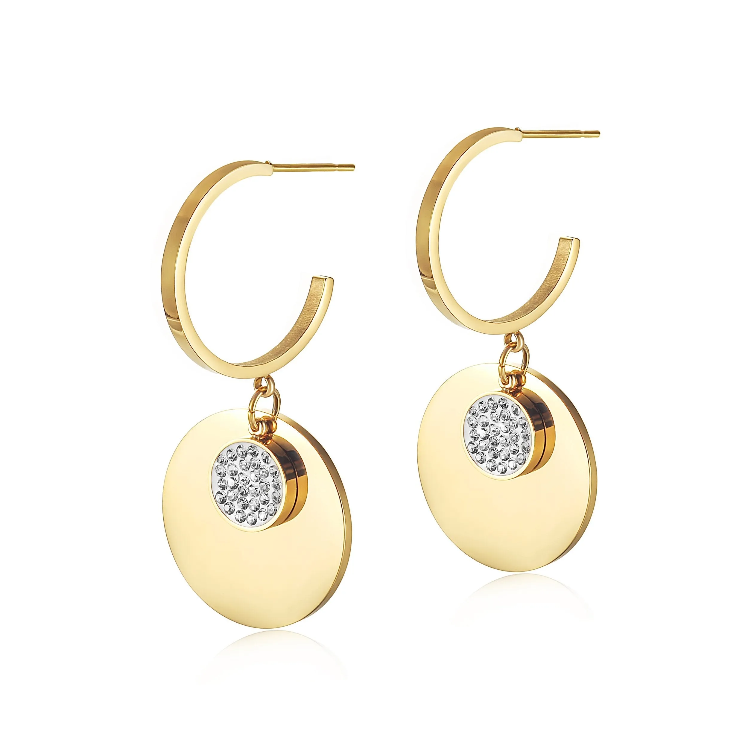 Gold CZ Double Round Dangle Earrings - Hypoallergenic Statement Jewelry for Women