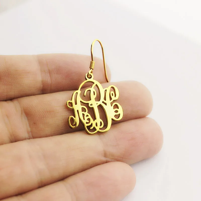 Gold Fancy Script Dangle Monogram Earrings