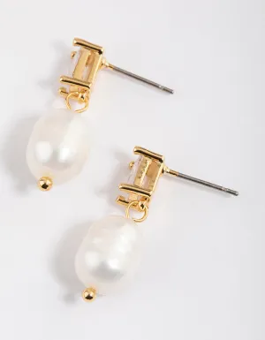 Gold Plated Cubic Zirconia Baguette & Freshwater Pearl Drop Earrings