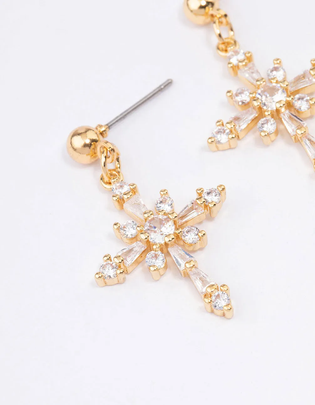 Gold Plated Cubic Zirconia Ornate Cross Drop Earrings