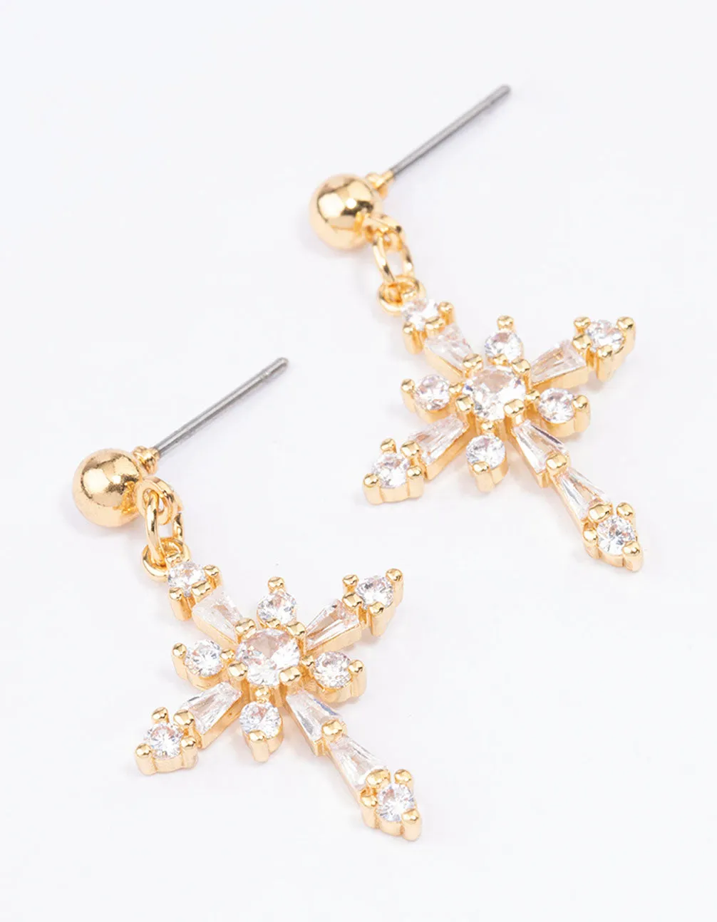 Gold Plated Cubic Zirconia Ornate Cross Drop Earrings