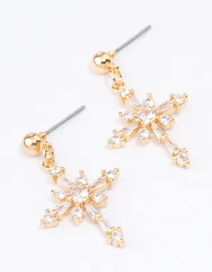 Gold Plated Cubic Zirconia Ornate Cross Drop Earrings