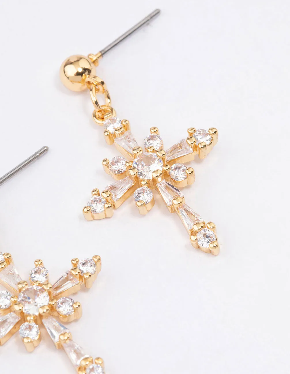 Gold Plated Cubic Zirconia Ornate Cross Drop Earrings