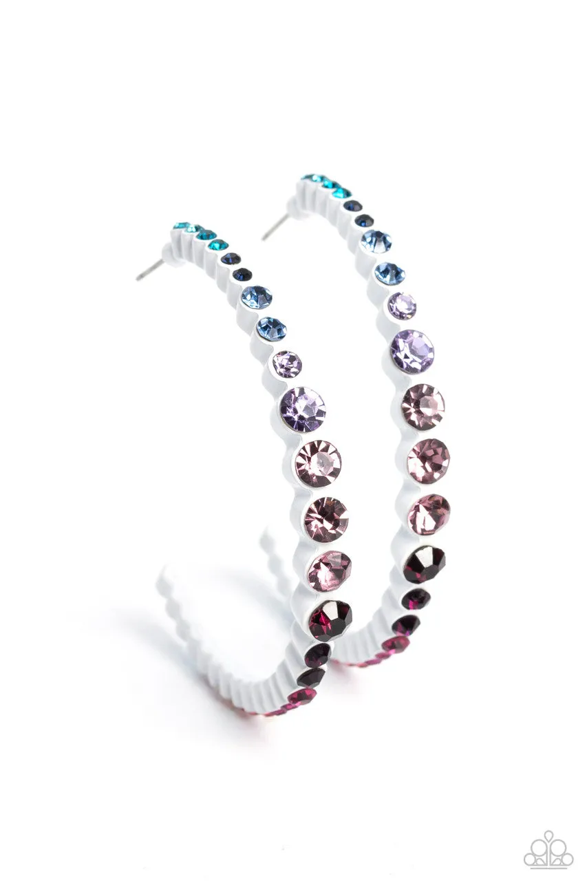 Gossip CURL - Multi - Ombre Blue, Pink, Purple Rhinestone White Painted Metal Paparazzi Hoop Earrings