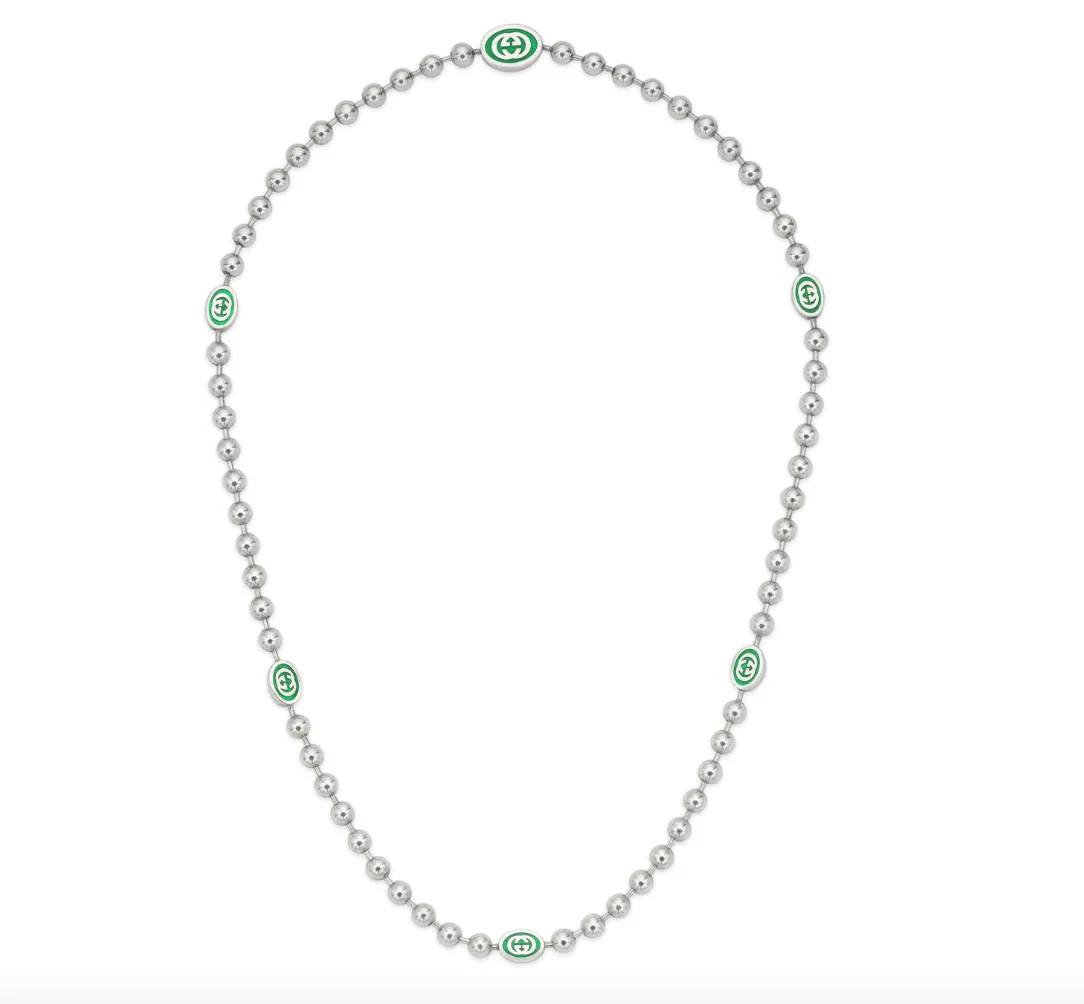 GUCCI INTERLOCKING G SILVER BOULE NECKLACE GREEN ENAMEL