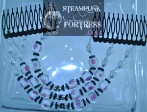 HAIR TIARA BLACK 3 STRANDS GLOW IN THE DARK WIRE WHITE PINK ROSES WHITE PINK BLACK GLOW IN THE DARK BEADS SILVER BEAD CAPS BLACK CERAMIC WATCH CLOCK GEARS CLEAR BEADS TIARA COMBS SET AVAILABLE STARR WILDE STEAMPUNK FORTRESS