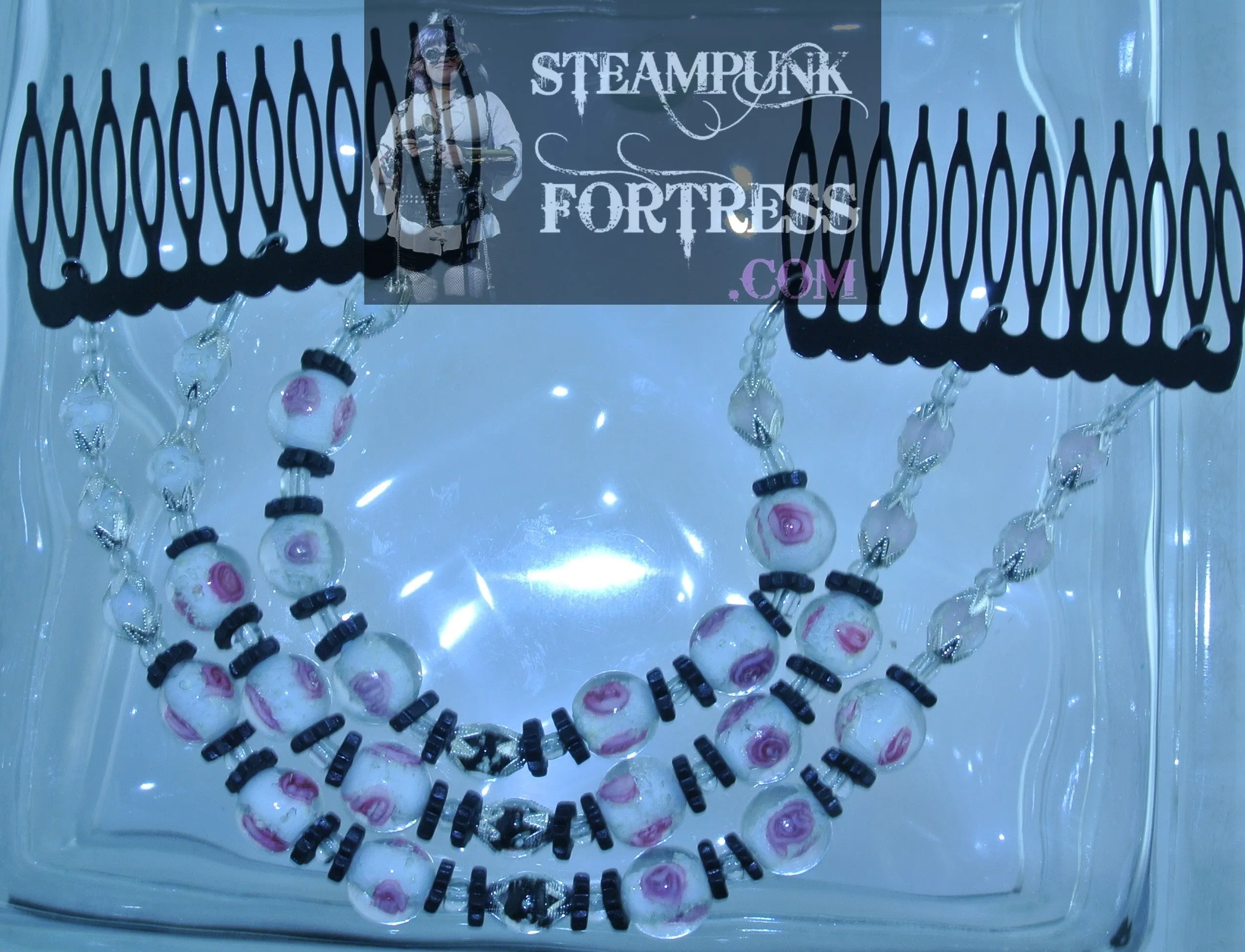 HAIR TIARA BLACK 3 STRANDS GLOW IN THE DARK WIRE WHITE PINK ROSES WHITE PINK BLACK GLOW IN THE DARK BEADS SILVER BEAD CAPS BLACK CERAMIC WATCH CLOCK GEARS CLEAR BEADS TIARA COMBS SET AVAILABLE STARR WILDE STEAMPUNK FORTRESS