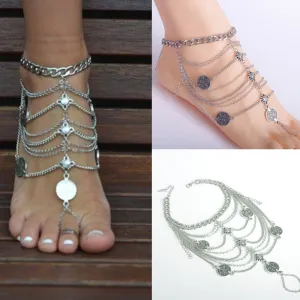 High Quality Women/Girl Silver Chain Fashion Bangle Handmade Floral Coin Boho Gypsy Beachy Ethnic Foot Anklet Bracelets Jewelry