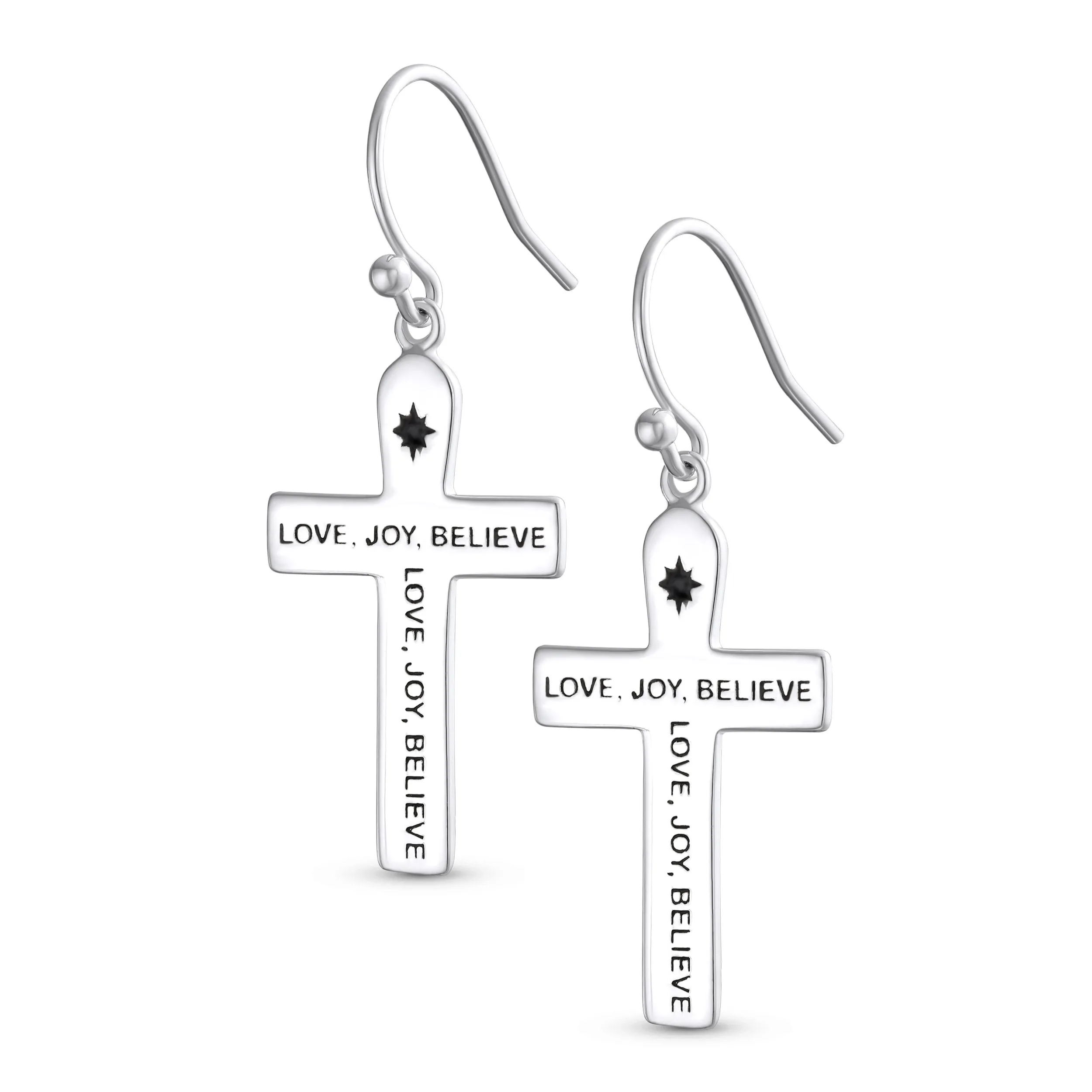 Inspirational Love Joy Believe Dangle Earrings Religious Cross Sterling Silver