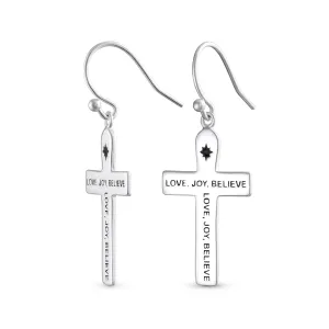 Inspirational Love Joy Believe Dangle Earrings Religious Cross Sterling Silver