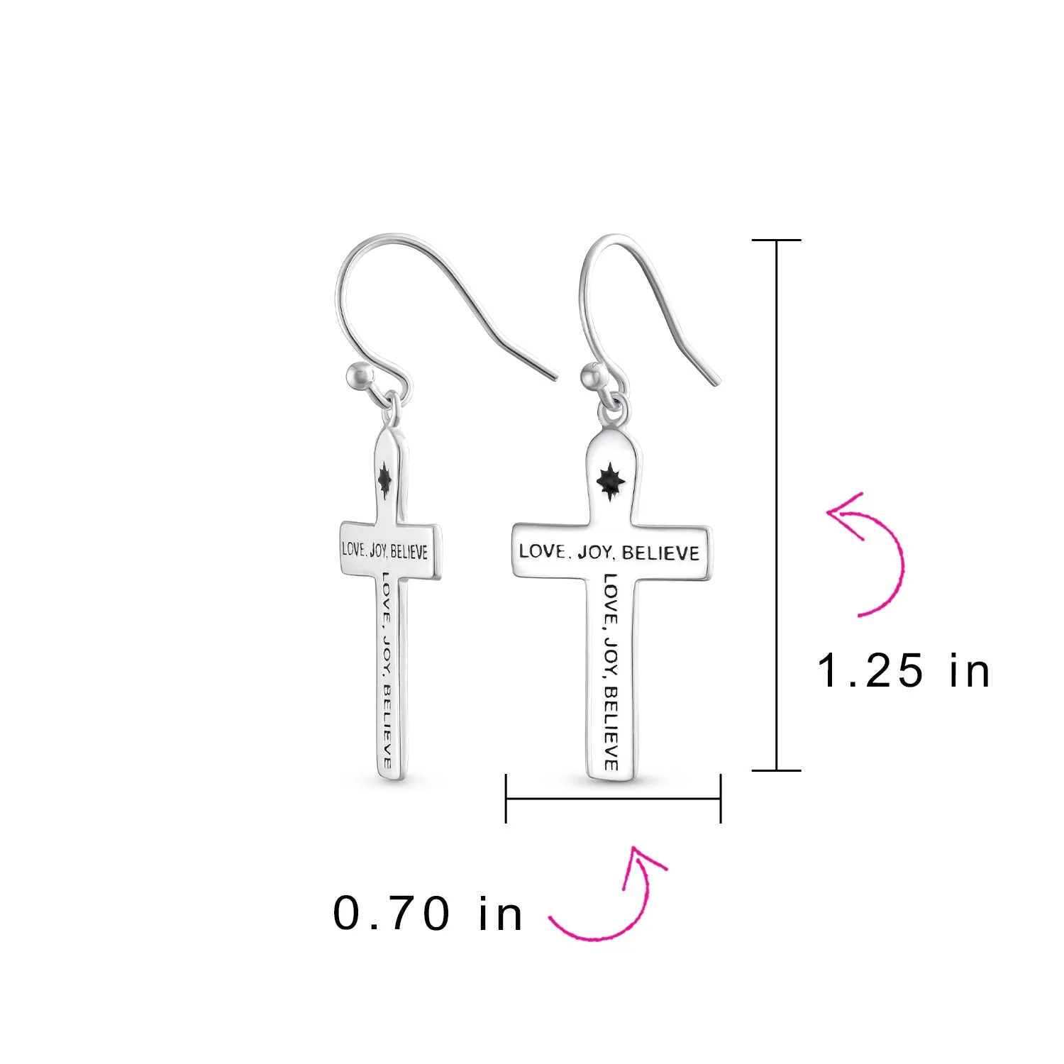 Inspirational Love Joy Believe Dangle Earrings Religious Cross Sterling Silver