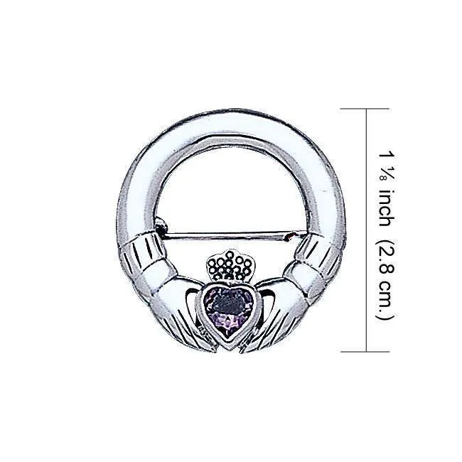 Irish Claddagh Silver Brooch with Gem TBR252