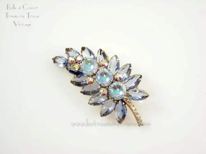 Juliana Leaf Ice Blue with Scooped Out AB Coated Stones Vintage Brooch 1960s