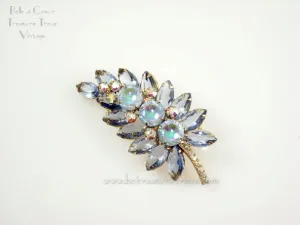 Juliana Leaf Ice Blue with Scooped Out AB Coated Stones Vintage Brooch 1960s