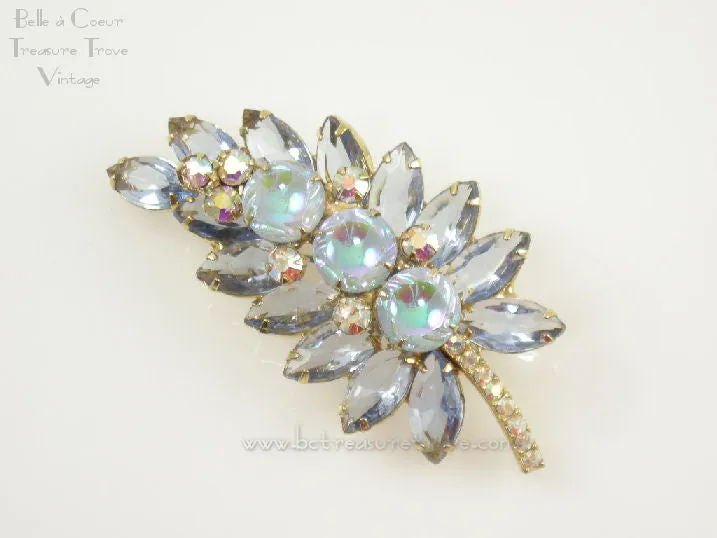 Juliana Leaf Ice Blue with Scooped Out AB Coated Stones Vintage Brooch 1960s