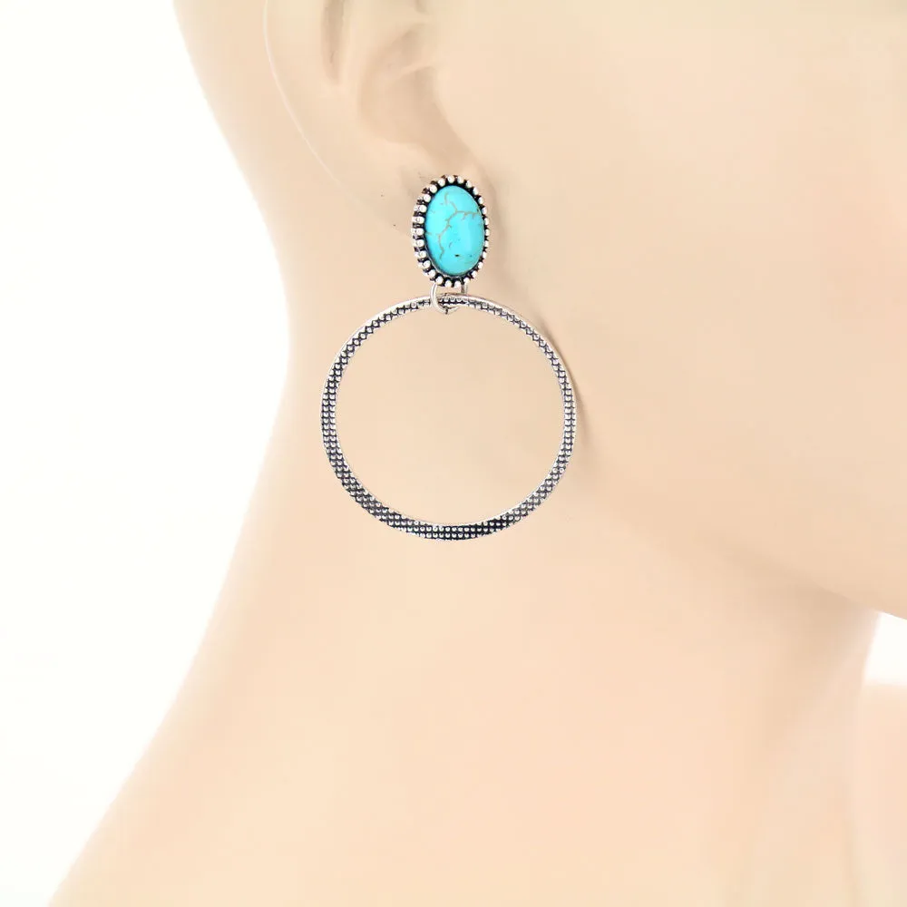 Kailyn Fashion Stone Post Stamped Hoop Earrings - Turquoise