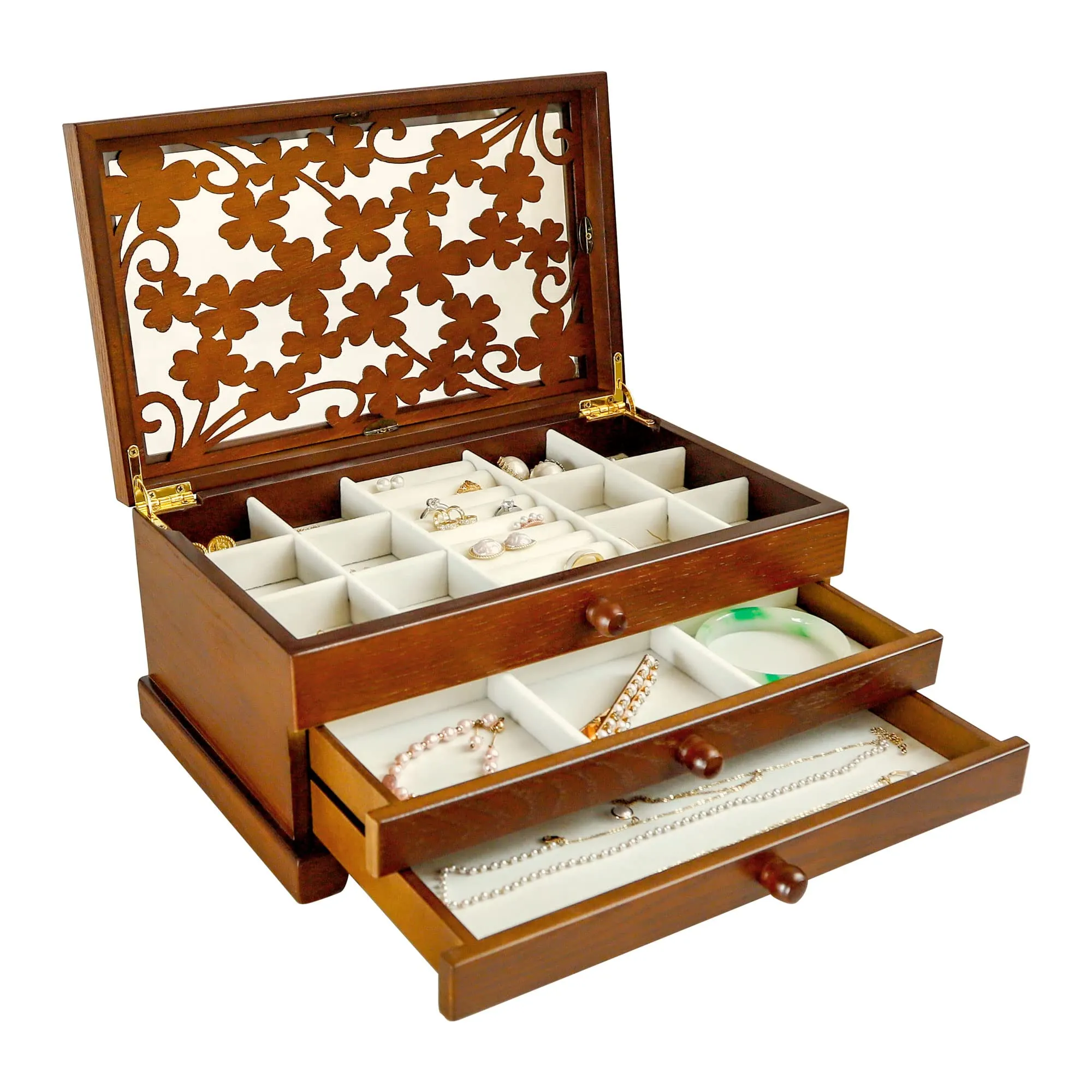 Kendal Wooden Jewelry Box, 3 Layer Jewelry Box for Women, Jewelry Holder Organizer, Wood Jewelry Storage Case for Necklaces, Earring, Rings