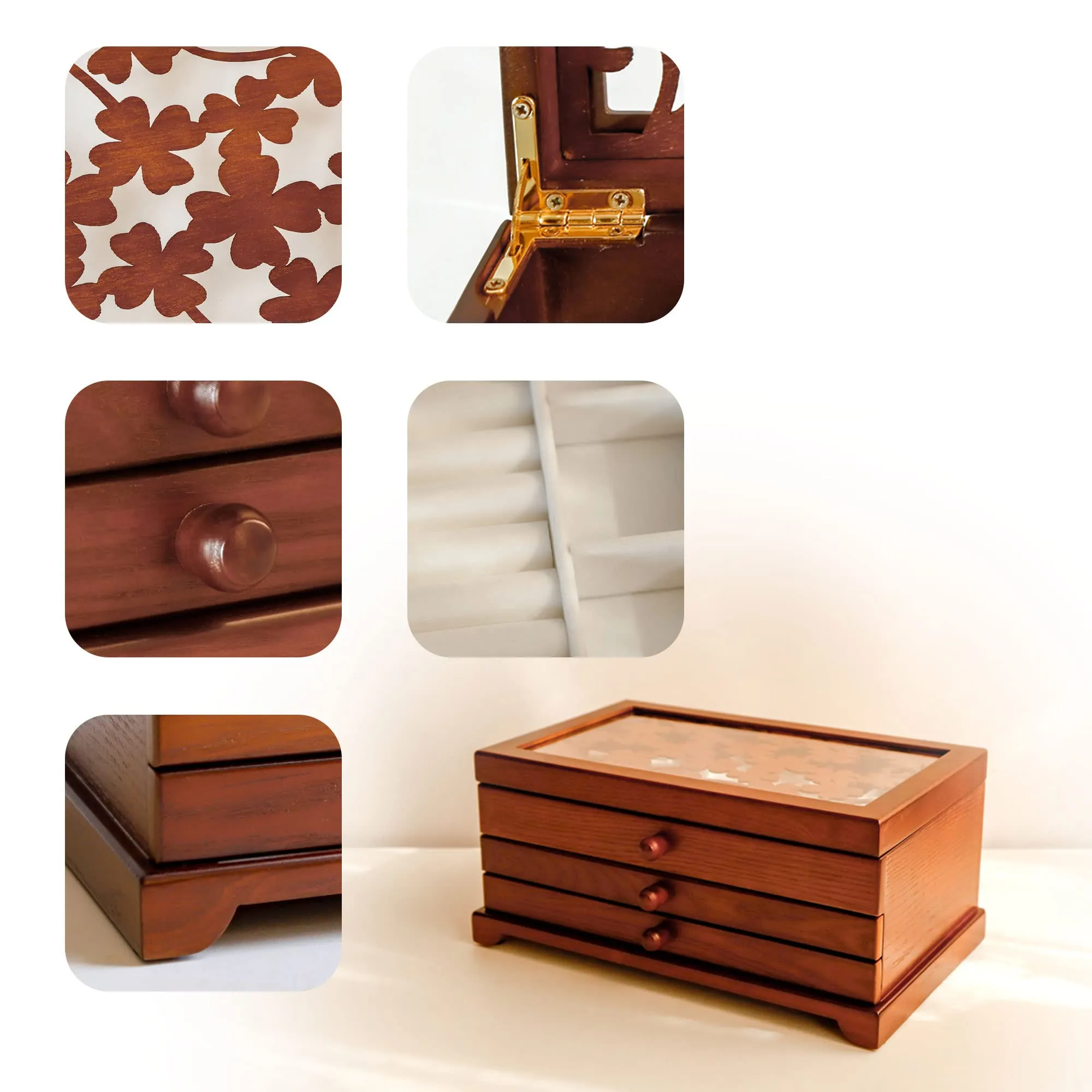 Kendal Wooden Jewelry Box, 3 Layer Jewelry Box for Women, Jewelry Holder Organizer, Wood Jewelry Storage Case for Necklaces, Earring, Rings