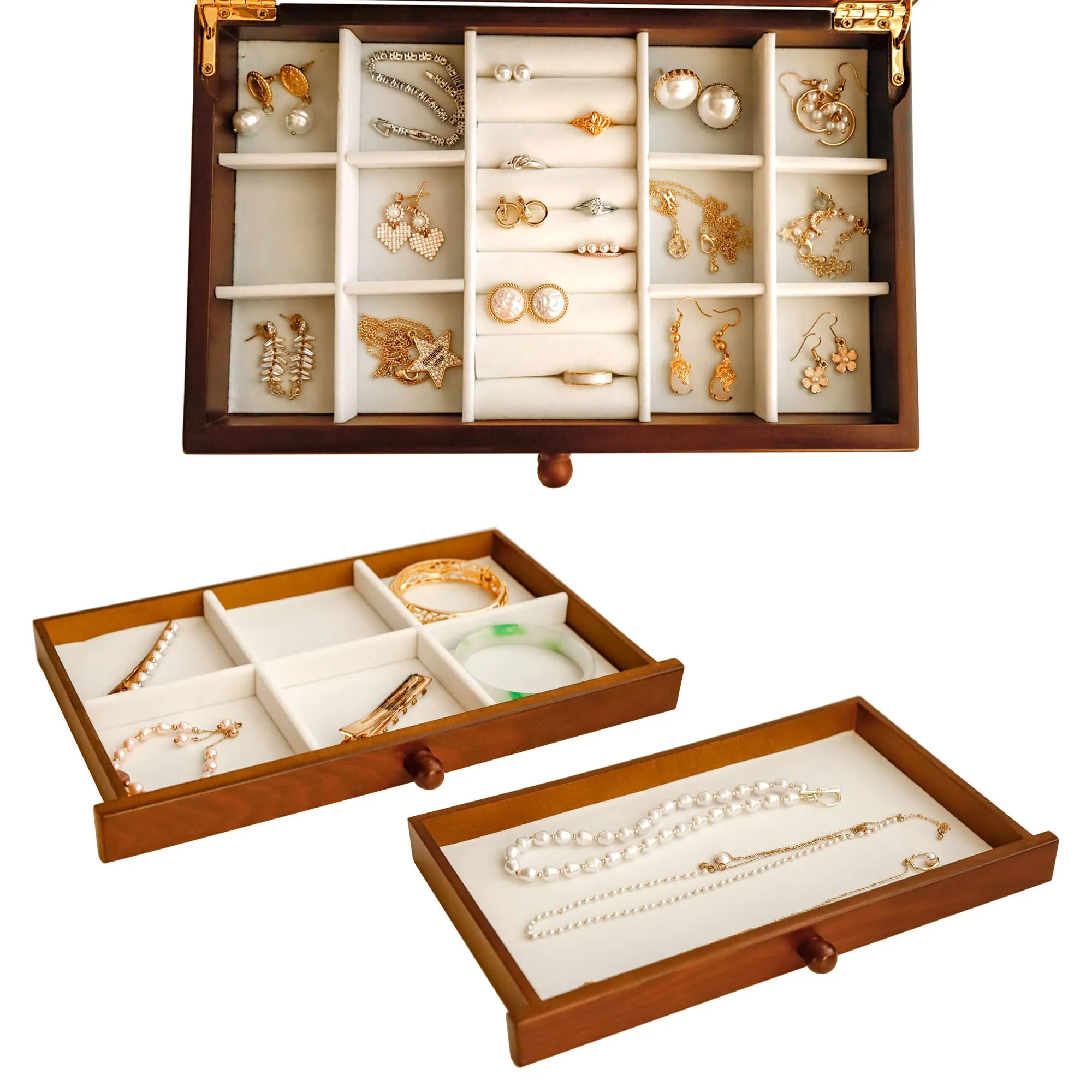 Kendal Wooden Jewelry Box, 3 Layer Jewelry Box for Women, Jewelry Holder Organizer, Wood Jewelry Storage Case for Necklaces, Earring, Rings