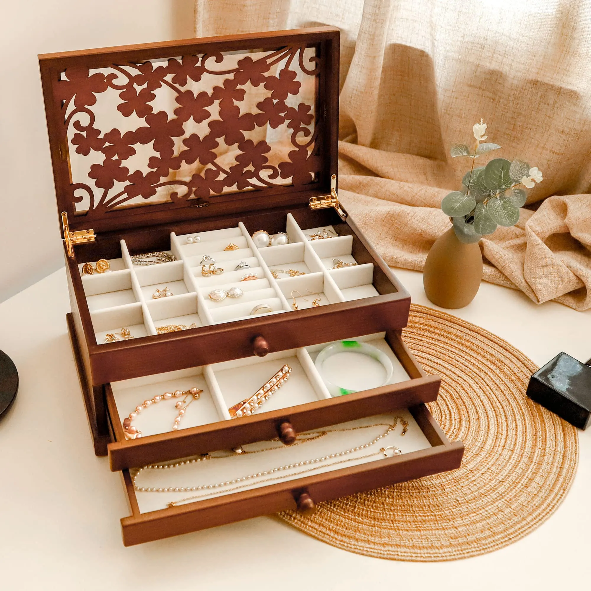 Kendal Wooden Jewelry Box, 3 Layer Jewelry Box for Women, Jewelry Holder Organizer, Wood Jewelry Storage Case for Necklaces, Earring, Rings