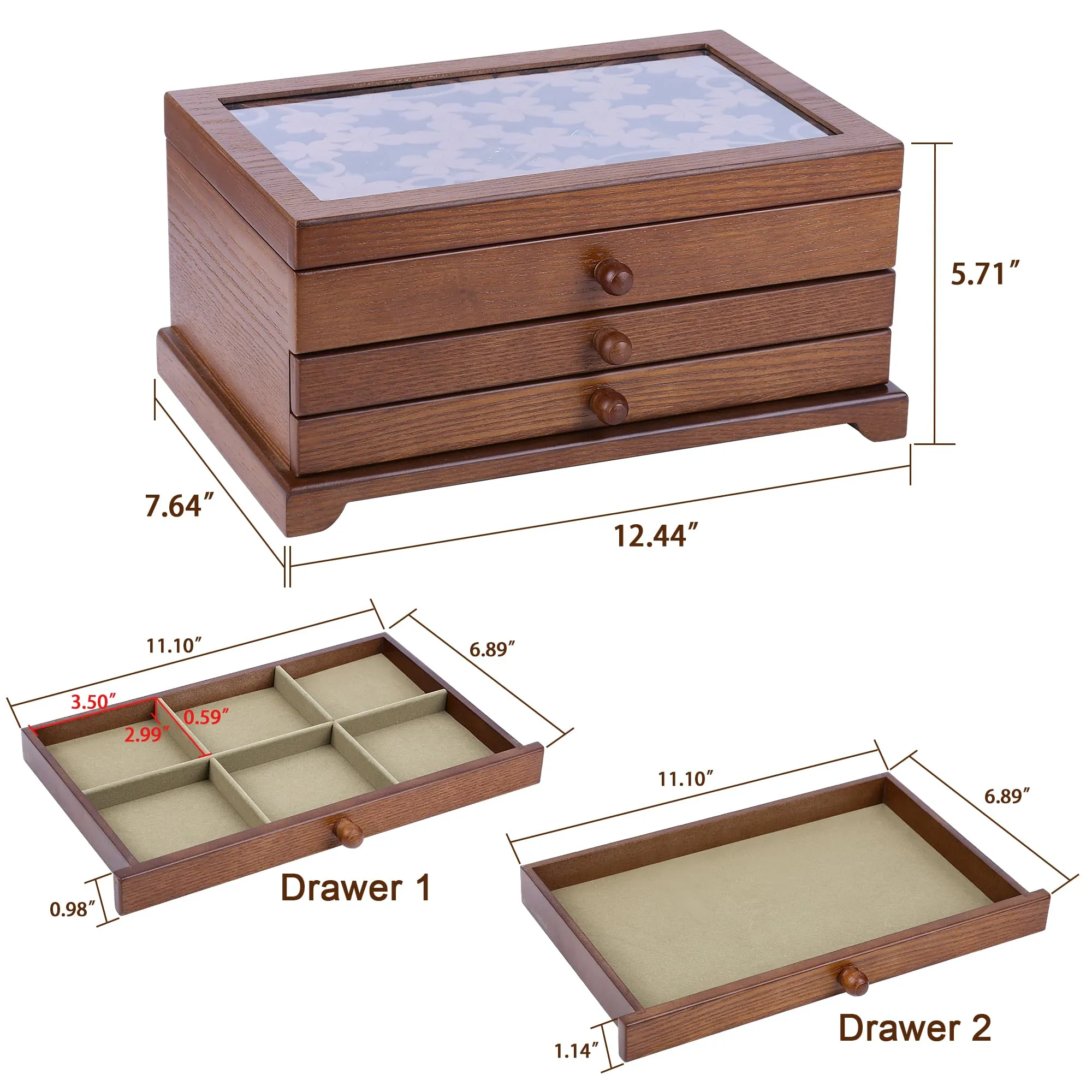 Kendal Wooden Jewelry Box for Women, Real Wooden Jewelry Holder Organizer Box with Four Leaf Clover Patterns, Graduation Gift Jewelry Boxes for Storage Earrings Rings Bracelet, Ideal Gift for Mom