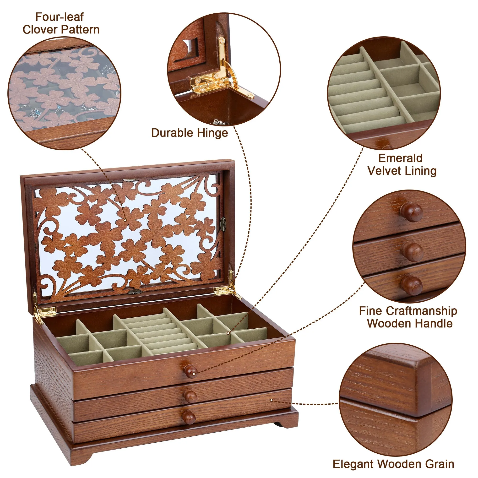 Kendal Wooden Jewelry Box for Women, Real Wooden Jewelry Holder Organizer Box with Four Leaf Clover Patterns, Graduation Gift Jewelry Boxes for Storage Earrings Rings Bracelet, Ideal Gift for Mom