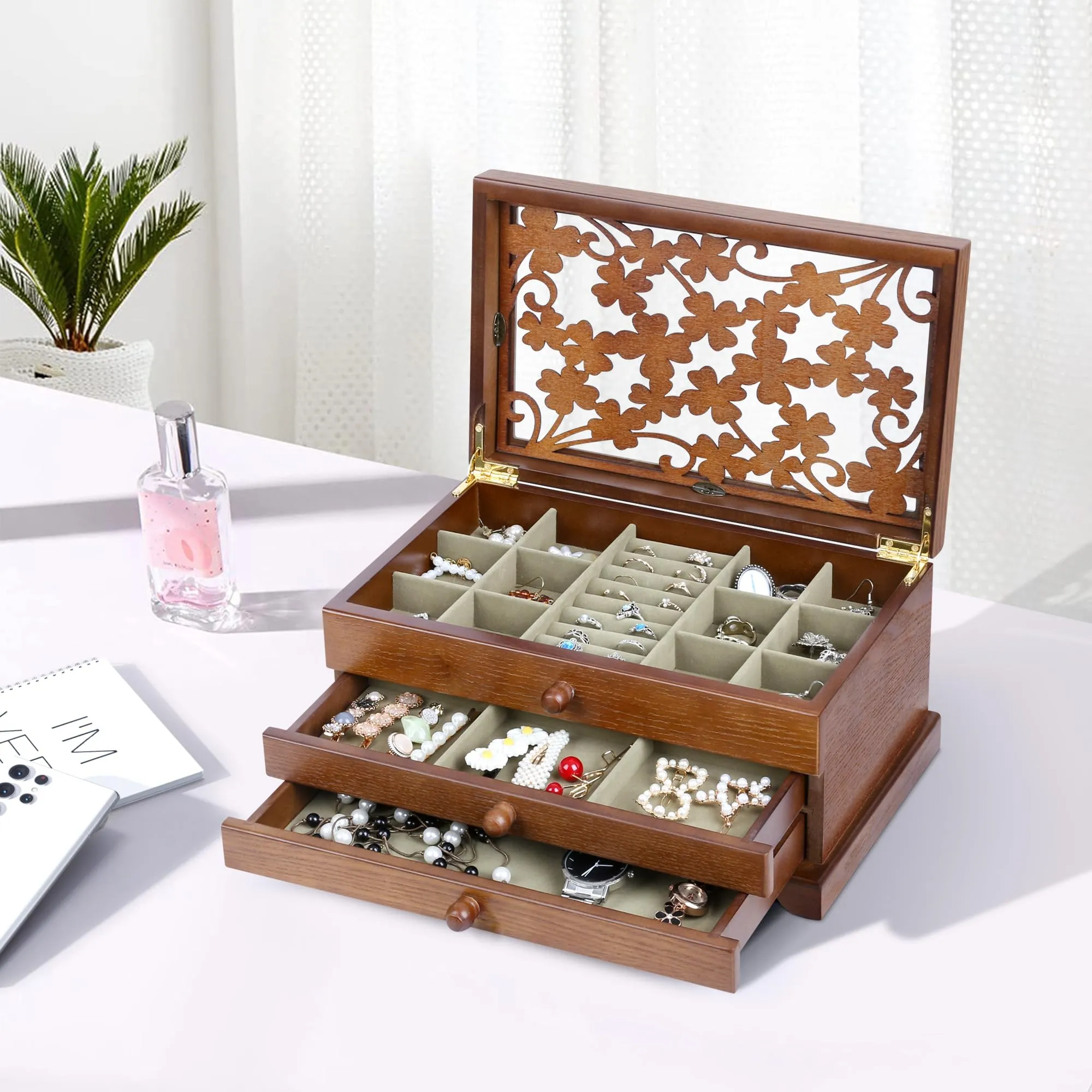 Kendal Wooden Jewelry Box for Women, Real Wooden Jewelry Holder Organizer Box with Four Leaf Clover Patterns, Graduation Gift Jewelry Boxes for Storage Earrings Rings Bracelet, Ideal Gift for Mom