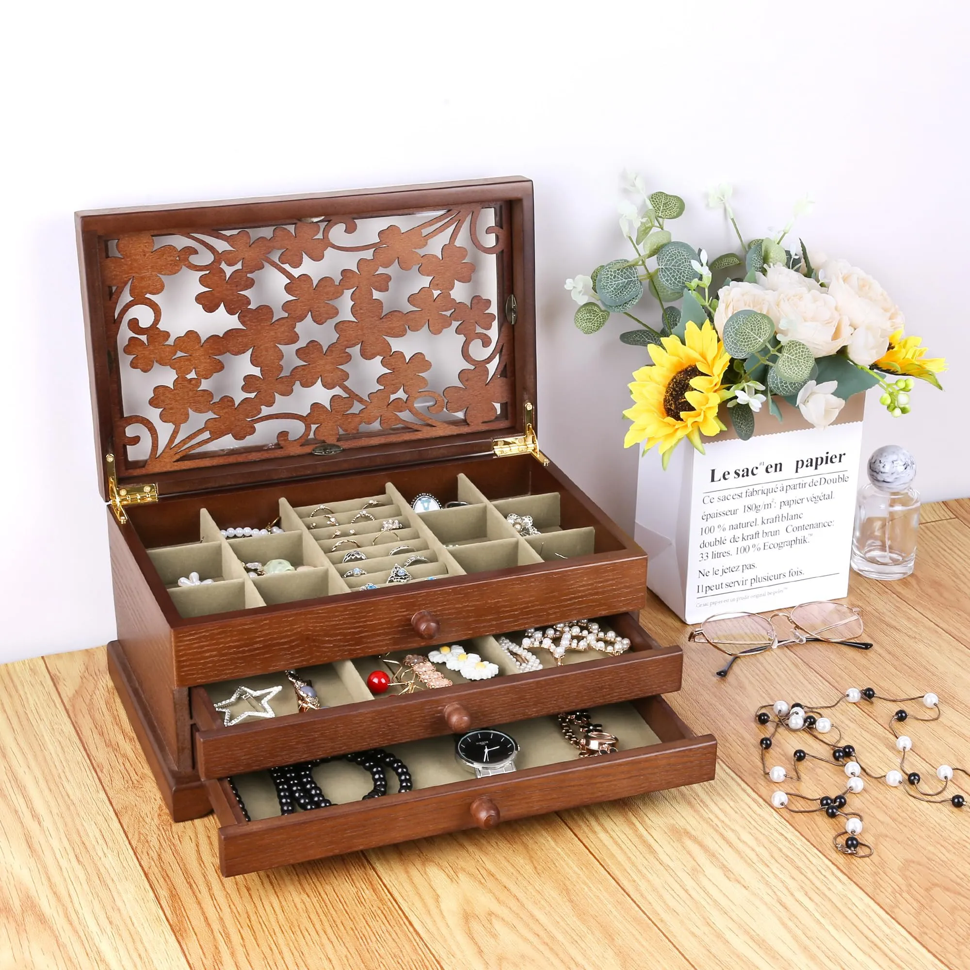 Kendal Wooden Jewelry Box for Women, Real Wooden Jewelry Holder Organizer Box with Four Leaf Clover Patterns, Graduation Gift Jewelry Boxes for Storage Earrings Rings Bracelet, Ideal Gift for Mom