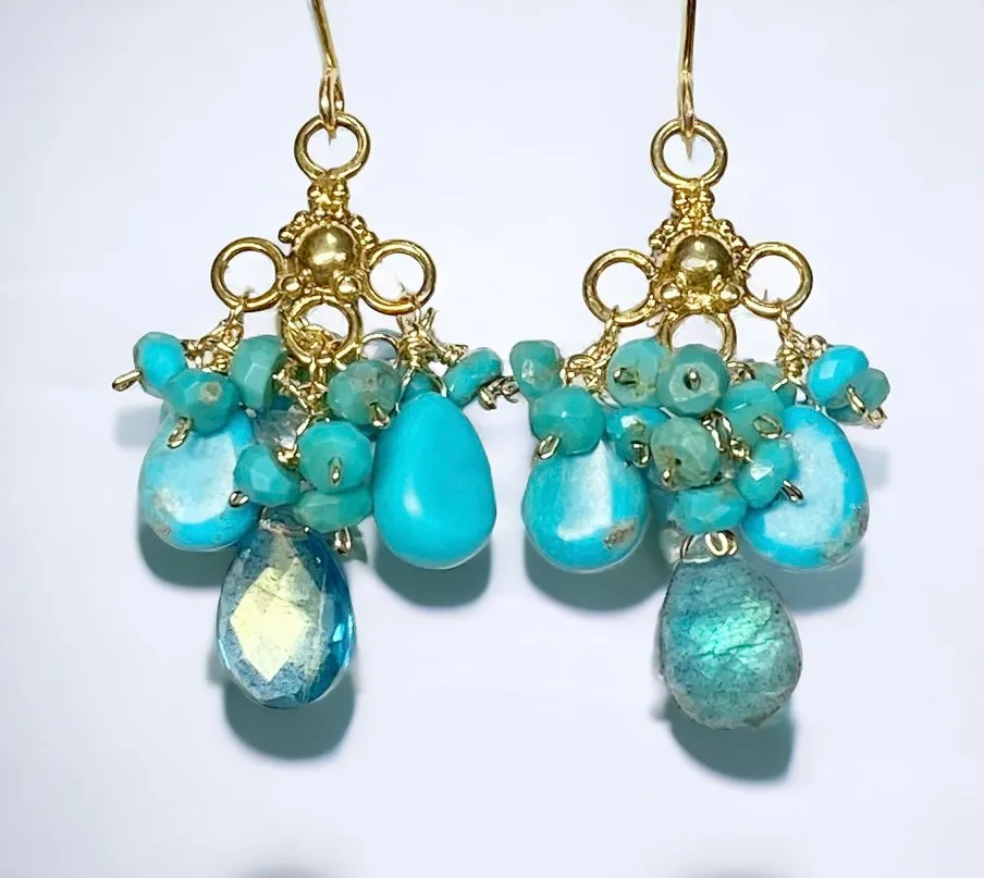Kingman Turquoise Chandelier Gold Earring