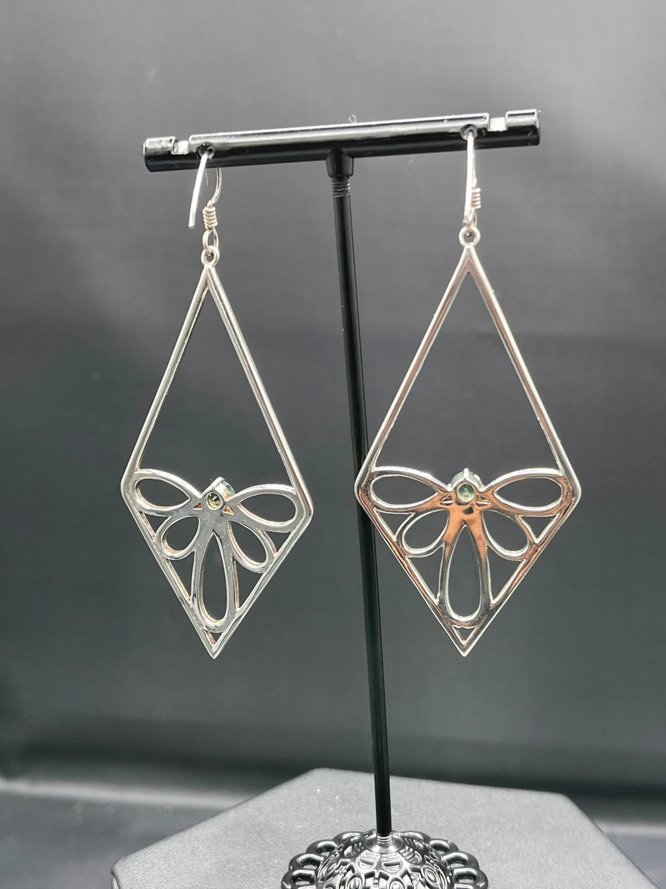 Large Green Quartz Sterling Silver Butterfly Dangle Earrings