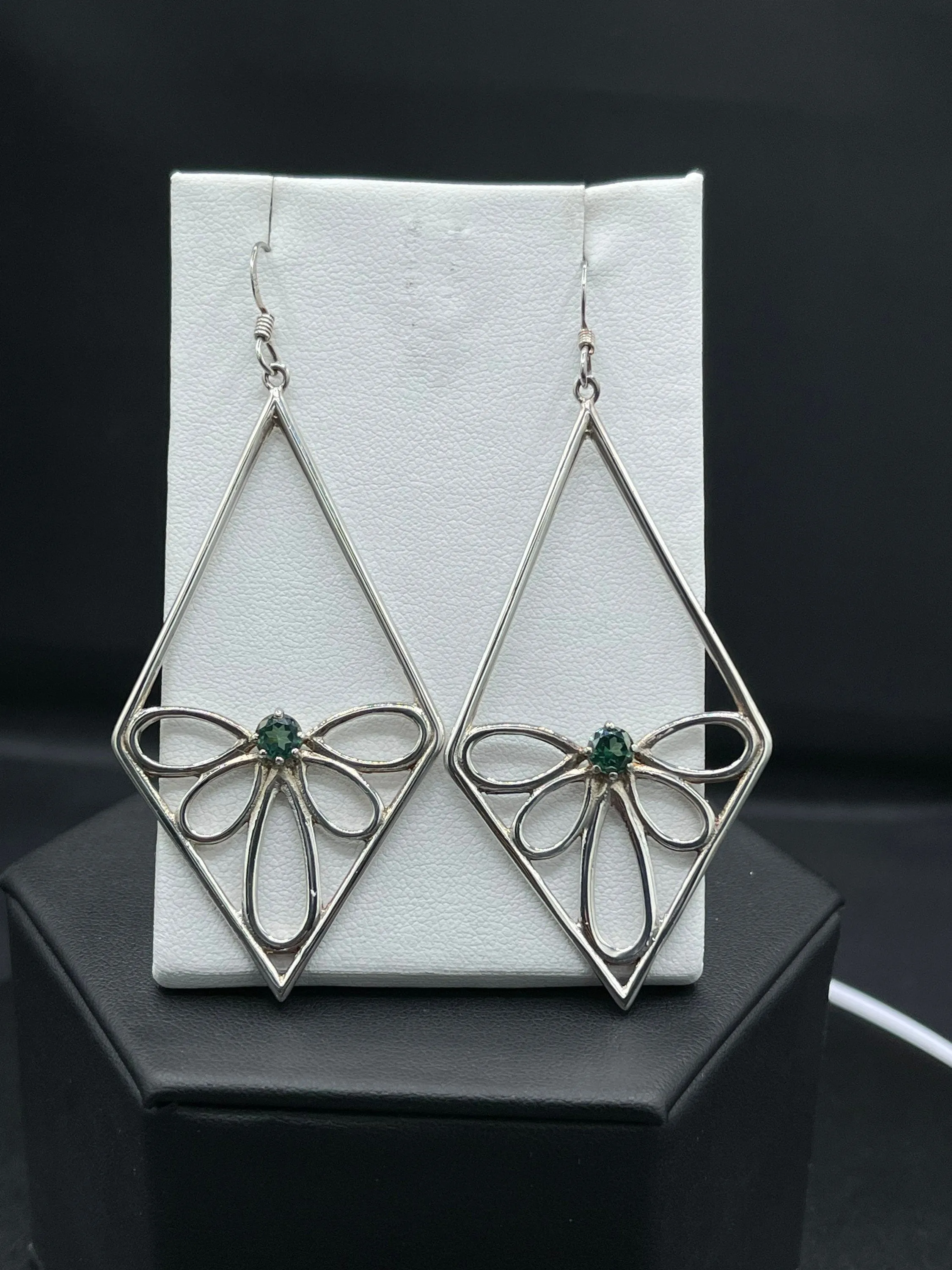 Large Green Quartz Sterling Silver Butterfly Dangle Earrings