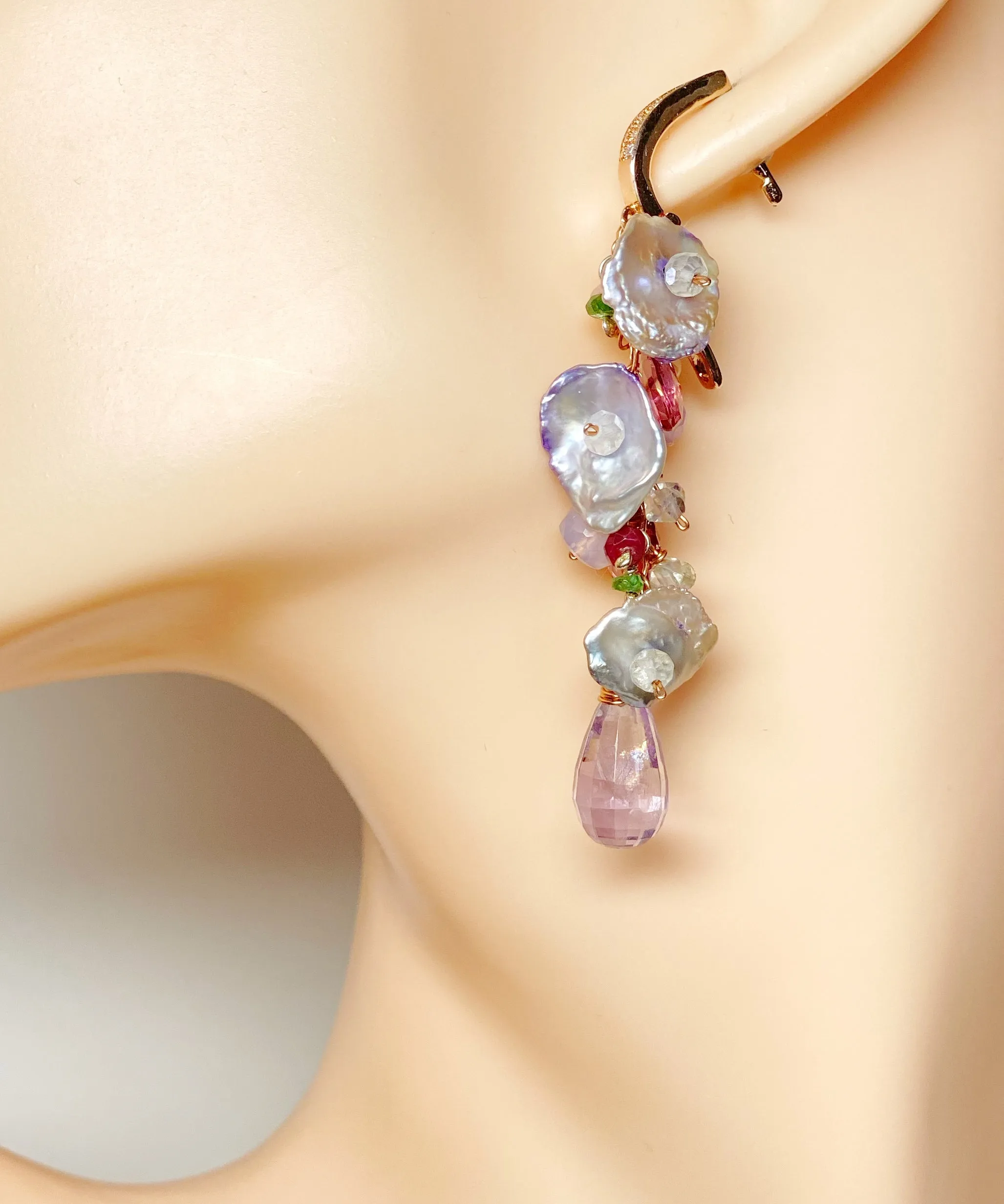 Lavender Amethyst Keishi Pearl Rose Gold Long Dangle Earrings