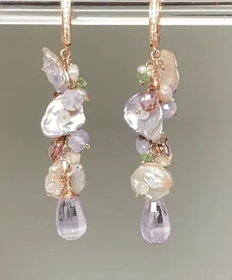 Lavender Amethyst Keishi Pearl Rose Gold Long Dangle Earrings