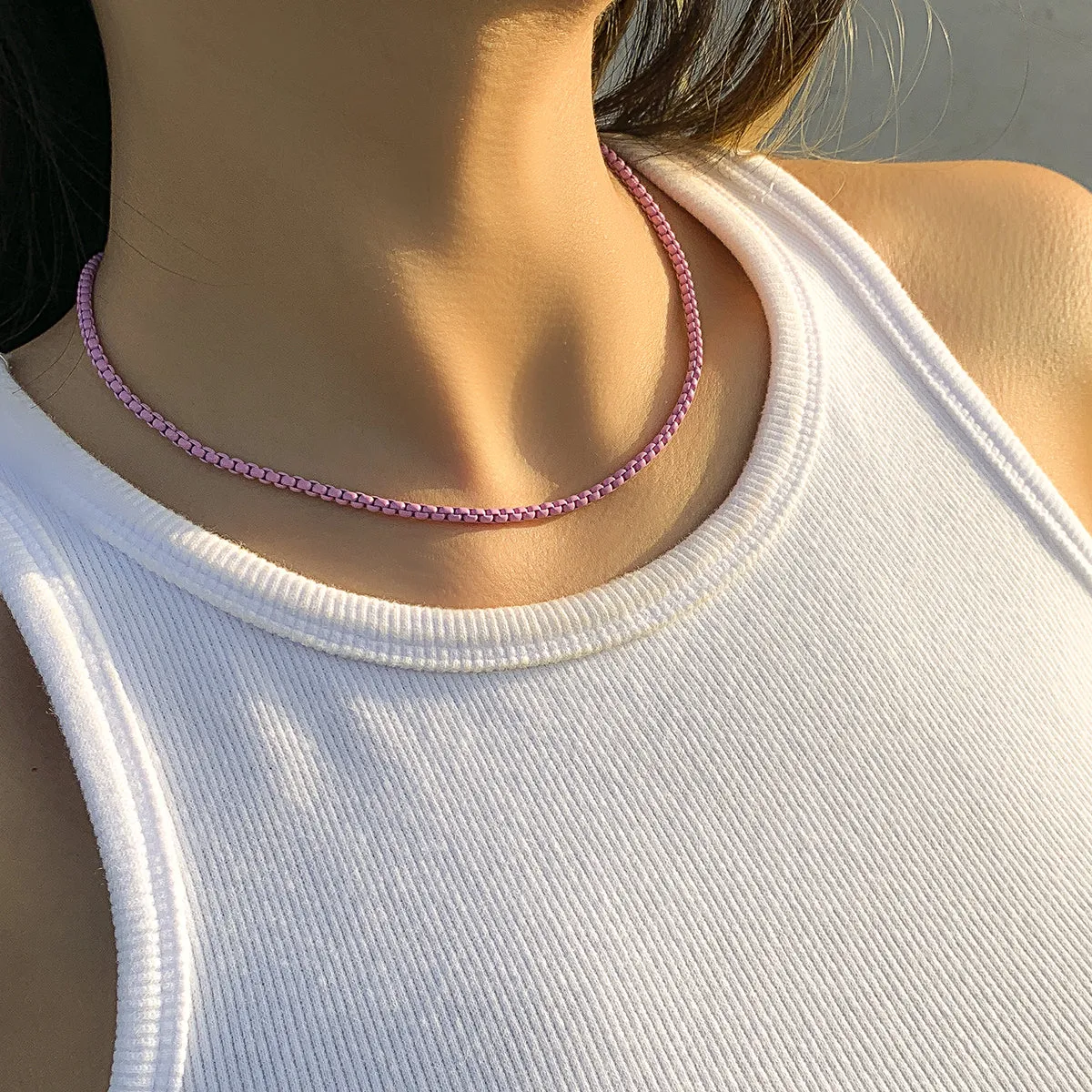 Light Purple Enamel & Silver-Plated Chain Necklace
