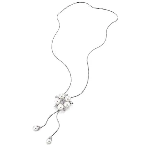 Long Chain Necklace Tassel with Rhinestones Synthetic Pearl Flower Pendant Adjustable, Elegant