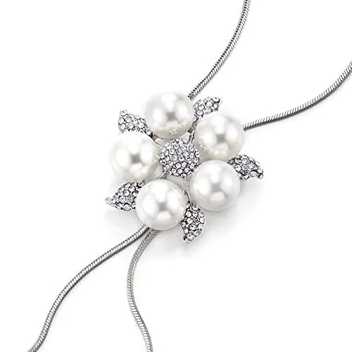 Long Chain Necklace Tassel with Rhinestones Synthetic Pearl Flower Pendant Adjustable, Elegant