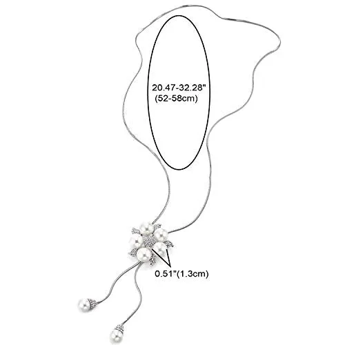 Long Chain Necklace Tassel with Rhinestones Synthetic Pearl Flower Pendant Adjustable, Elegant